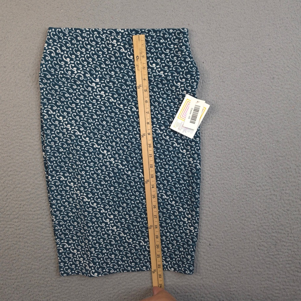 LuLaRoe Cassie Pencil Skirt XS Teal Blue White Scroll Print Stretch Midi NWT - Picture 5 of 10